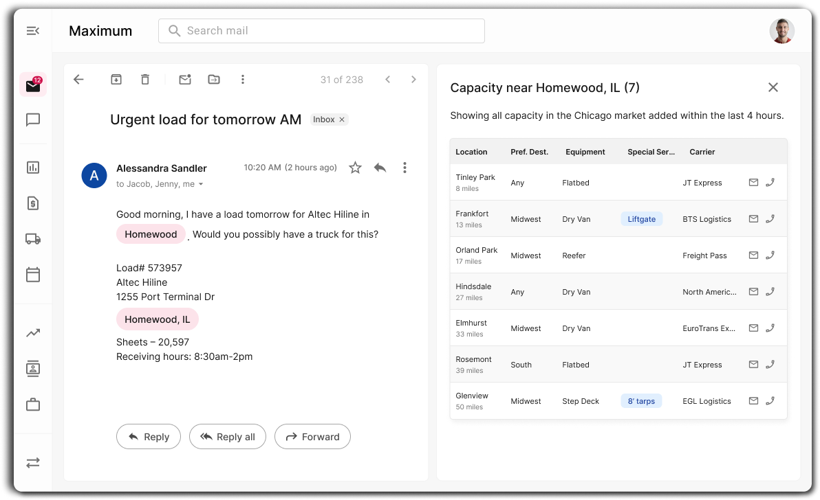 Email interface with capacity panel